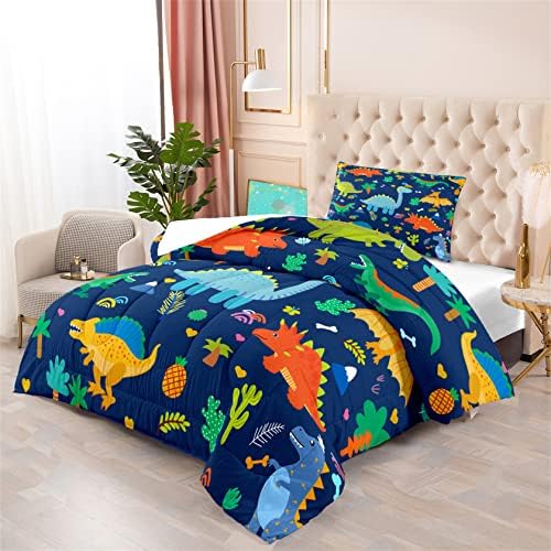Комплект одеяла с анимационни Динозавром за деца, тъмно синьо Комплект одеяла с Динозавром за момчета, Детски Комплект спално