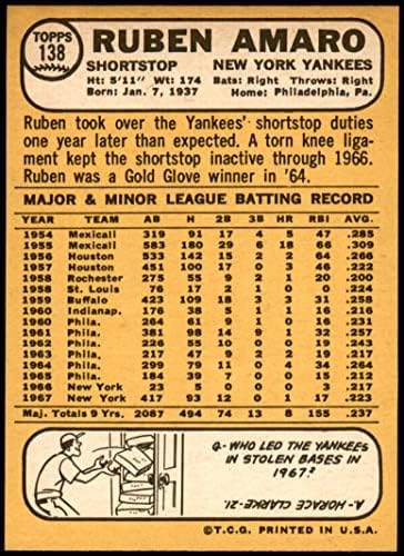 1968 Topps 138 Рубен Amaro Ню Йорк Янкис (бейзболна картичка) NM / MT + Янкис