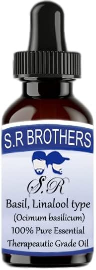S. R Brothers Босилек, вид на Линалоол (Ocimum Basilicum) Е Чисто и Натурално Етерично масло Терапевтичен клас с Капкомер 15 мл