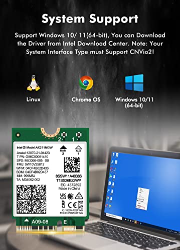Безжична карта WiFi 6E Intel AX211 NGW M. 2: CNVio2, Bluetooth 5.3, трибандов 5400 Mbps мрежов адаптер за лаптоп, поддържа Windows 10/11