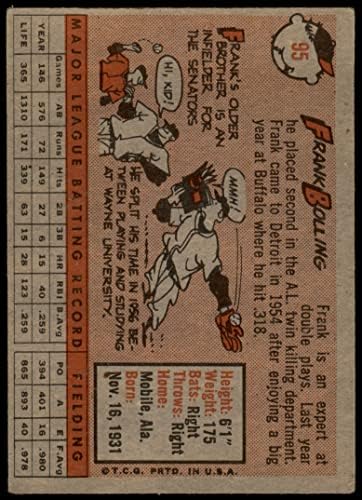 1958 Topps 95 Франк Боллинг Детройт Тайгърс (Бейзболна картичка) ДОБРИ тигри