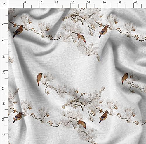 Плат за шиене от бял futon поплин Soimoi с принтом цветя и птици Бюл-бюл ширина 58 см