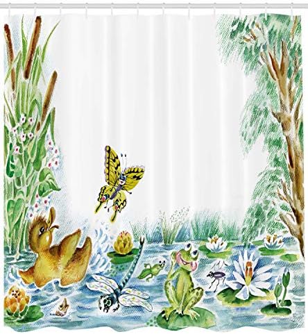 Завеса за душ Ambesonne Duck, Пате-пеперуда и Жабата, които Играят Заедно в Езерото, Цветя, Дървета, водни Кончета, Текстилен