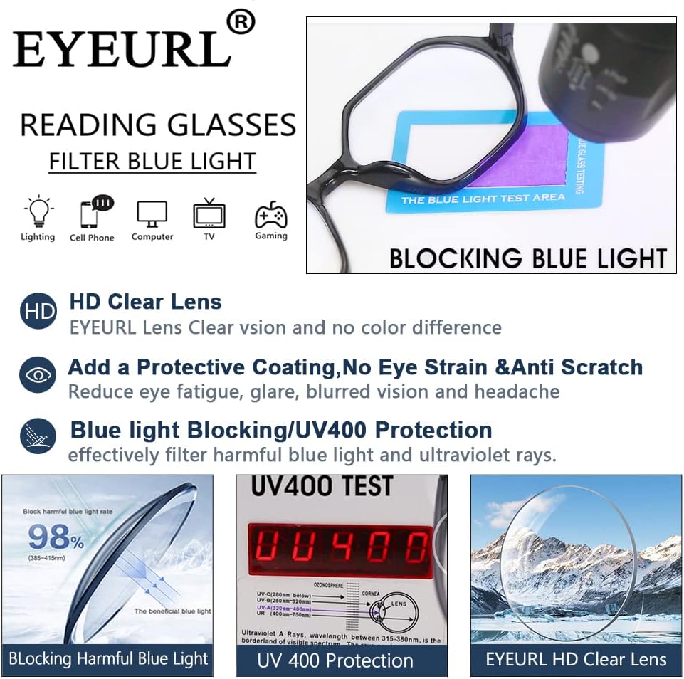 Очила за четене EYEURL, 4 опаковки, Блокиране на Синя светлина, Очила за четене, Ретро Дизайн, Ромбовидная Дограма, Пружинни