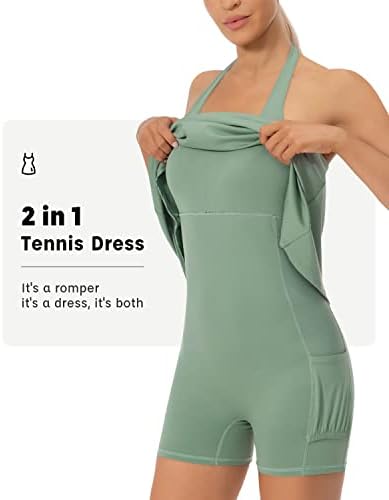 Тенис рокли за Жени, Пробег Рокля на спагети презрамки с Вградени Къси панталони и Бюстгальтером, Спортна Рокля с Джобове