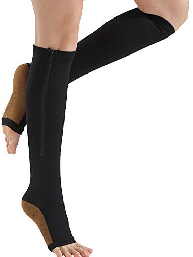 Компресия чорапи MADKING с цип (2 опаковки) за мъже и Жени с отворени пръсти, Удобна Компресия Поддържащи Чорапи с Височина до коляното, Черни