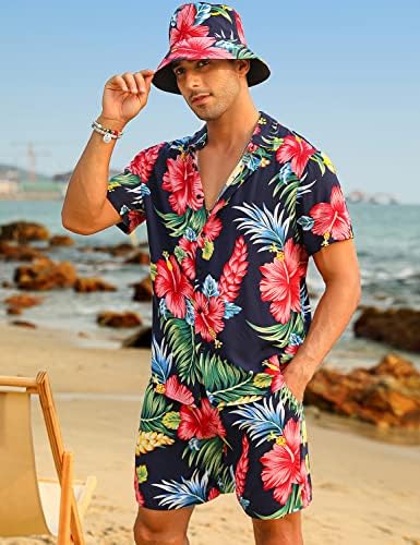 EISHOPEER / Мъжки Хавайски Комплекти с Цветен Модел на копчета, Ежедневни Риза с къс ръкав и къси Панталони, Костюми