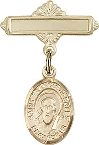Детски икона Jewels Мания чар на Свети Франциск Сального и полирани игла за бейджа | Детски икона от 14-каратово злато с чар Свети