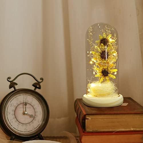 SOLUSTRE Crystal Decor LED Microlandschaft Стъклен Купол Лампа на Слънчогледа Сушена Цвете със Стъклен Капак Декоративна Изкуствена Мини Лампа