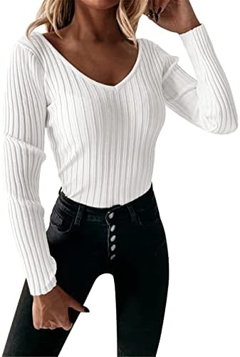 Жена, V-образно Деколте, Оборудвана Пуловер с дълъг Ръкав, Вязаный Монофонични Топ, Дамски Блузи, Риза, Блуза