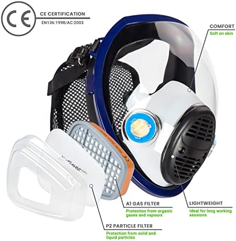 Полнолицевая маска-респиратор AirGearPro G-750 с филтри A1P2 Срещу газ, прах | Маска Е идеална за боядисване, дърводелски, строителни,