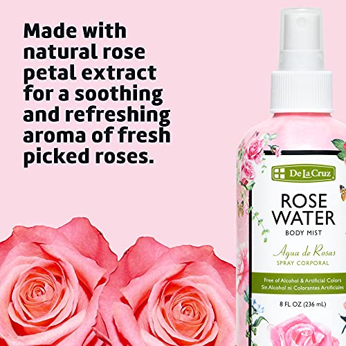 De La Cruz Rose Water Body Mist - Спрей с розова вода за лице, коса и кожа 8 течни унции (1 бутилка)