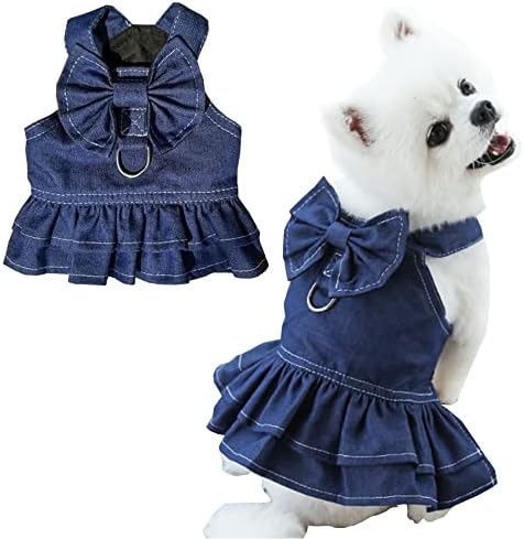 Дънкови рокли за кучета ANIAC за Малки до Средни Кучета, Дрехи за момичета-Кученца с Пръстен-каишка и Сладък Бантиком, Летни Дрехи