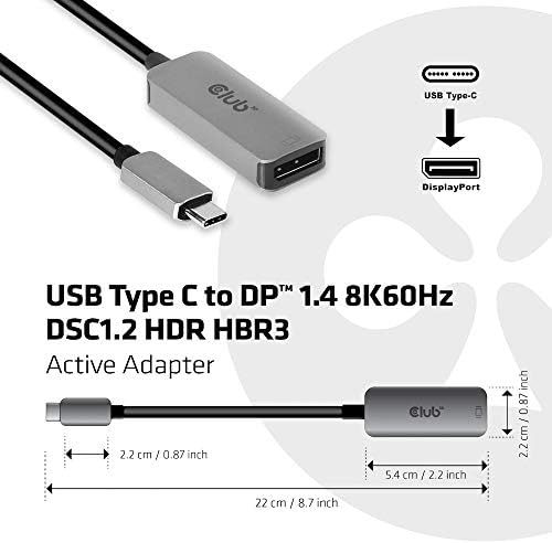 Адаптерът Club 3D USB C до Displayport 1.4 (поддържа резолюция до 8К при 60 Hz и 4K 120-144 Hz с Dsc 1.2) HBR 3 - HDR CAC-1567
