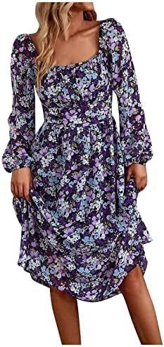 NOKMOPO Мини рокли за жени, Женско Модно Пролетта и Есента Рокля в стил Бохо с кръгло деколте, Вечерна Дълга Рокля с цепка