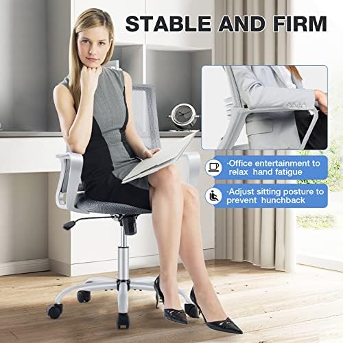 Офис стол с Ергономичен офис стол със средна облегалка, офис работно кресло на колела, компютърен стол с лумбална опора, стол за