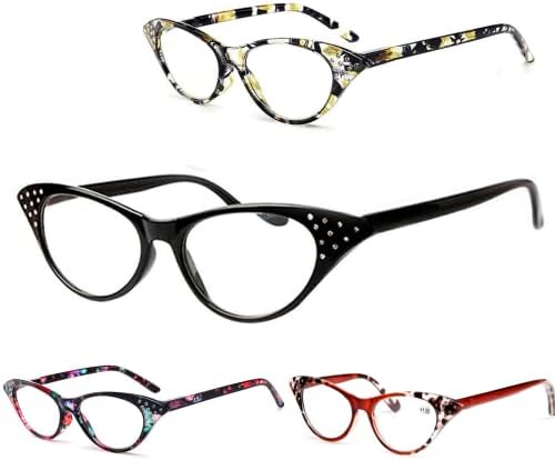 Viseng 4 опаковки пролетни очила за четене в стил Котешко око на панти за жени, дамски модни луксозни очила за четене + 1,0