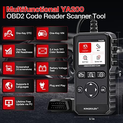 KINGBOLEN YA200 OBD2 Скенер, Авто Четец на код OBD2, Контролен Индикатор за двигателя, Авто OBDII скенер с Пълни функции с тест напрежение