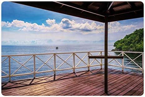 Модерен Мат Ambesonne за домашни за храна и вода, Гледка от балкона на море, Тропически остров Тринидад и Тобаго, Правоъгълен Нескользящий