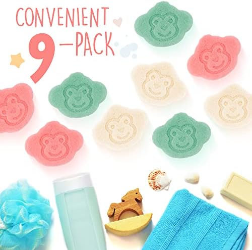 [9 опаковки] Набор от детски гъби за баня основната коняк за чувствителна кожа - Гъба основната коняк за по-безопасен и естествен къпане