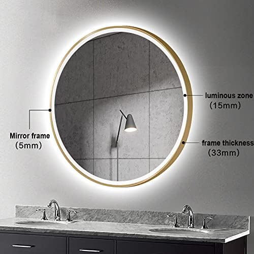 ZYLEDW Led Кръгло Огледало за баня, тоалетен огледало с 3 цветни подсветками, стенно огледало за грим в метална рамка, с регулируема