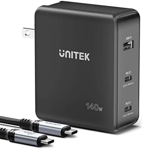Зарядно устройство Unitek 140 W USB C GaN 3-Портов адаптер за бързо стена зарядно устройство PD, Съвместим с MacBook Pro 16 Dell XPS
