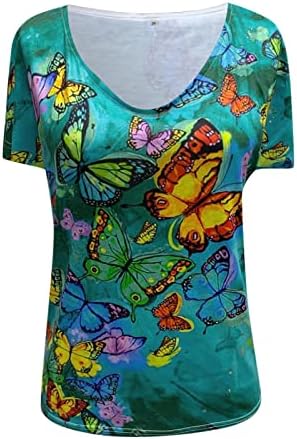 Дамски Памучен Тениска с Дълбоко V Образно Деколте и Изображение на Пеперуда с Цветен Модел за Момичета Лято-Есен 5I 5I