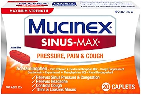 Капсула Maximum Strength Mucinex на Синусите-Max Pressure, Болкоуспокояващи и кашлица, 20 ct, Облекчаване на леки болки, главоболие, запушване на гръдния кош, на носа, на налягането в с?