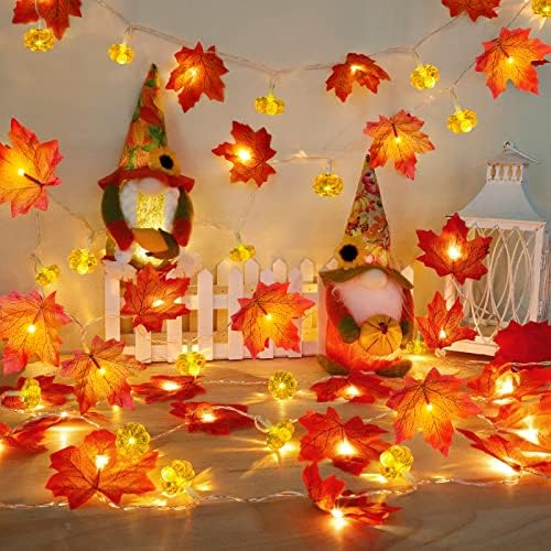 [2 опаковки + таймер] Тиква гирлянди за Деня на благодарността, Есенни декорации, Реалистични големи гирлянди от листа клен, само на 20