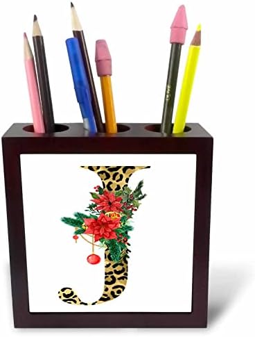 3D Бляскава монограм с първоначалното изображение J Златни петна на Леопард Червен цвят. - Държатели за писалки за плочки (ph-371237-1)