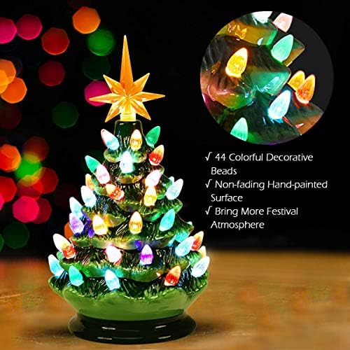 Yizhan 9,5 Предварително Осветени Ръчно Рисувани Керамични Плотове Коледно Дърво На Захранван С Батерии Зелен Цвят