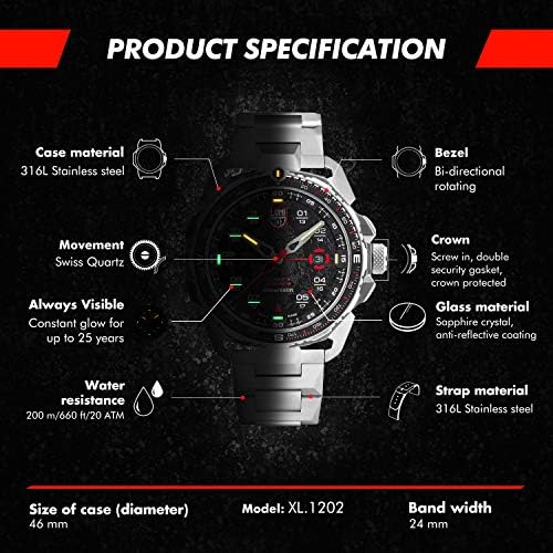 Мъжки часовник Luminox ICE-SAR Arctic XL.1202 46 мм - Военни часовници, Сребристо-черен на цвят, с функция дата от водоустойчив сапфир