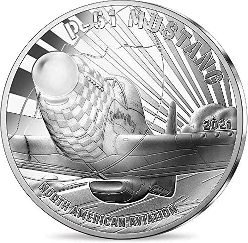 Модерна възпоменателна монета PowerCoin P51 Mustang 2021 г., Сребърна монета за авиацията и историята, 10 евро, Франция 2021