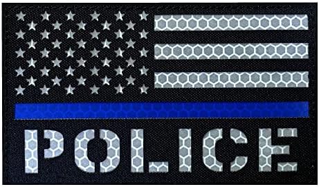 3x5 Голяма Светоотражающая Полицейска нашивка Флаг на САЩ Тънка Синя линия с кука Отзад за Оценка на лента на Яката Тактическа