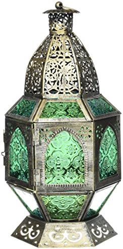Богато Украсени с Шестостенни фенер-Свещ с Зелени Панели от Пресована Стъкло