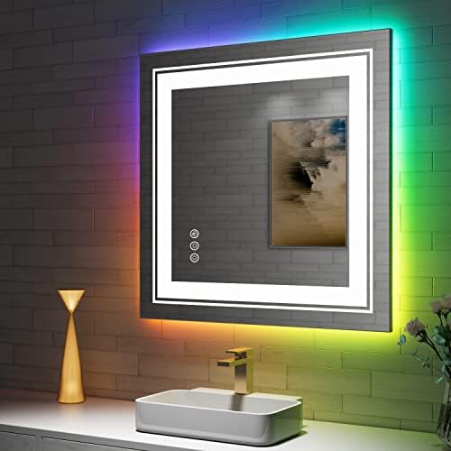 Snowdool 36 X 36 RGB LED Огледало за Баня с осветление, Противотуманное Огледало с RGB осветление за Баня, Интелигентно Регулируемо