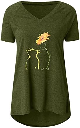 Блуза, Риза за Жени С Къс ръкав 2023 Vneck Памук Sun Котка на Слънчогледа Цветен Графичен Kawaii Brunch Tee X4