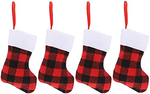 Чорапи в клетката Hemoton, 4 предмета, Коледни Чорапи, Червени, Черни Коледни Чорапи в Клетката, Чорапи за Камината, Окачени Чорапи за Семейството,