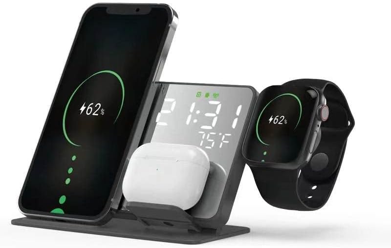 Безжично зарядно устройство Tech Starving 3 в 1 с часовник / будилник—Бързо зареждане—За iPhone 14/13/12/11 / XS / X / 8—Серия на Apple Watch—Серия