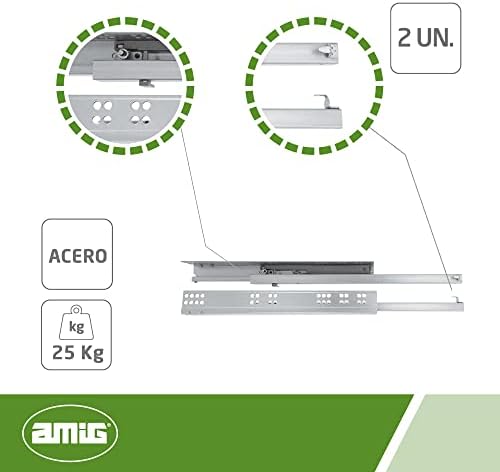 Amig - Комплект от 2-те релси от поцинкована стомана, за мебели, шкафа или шкафове | Частично номинацията с самозакрывающимся механизъм | Устойчивост