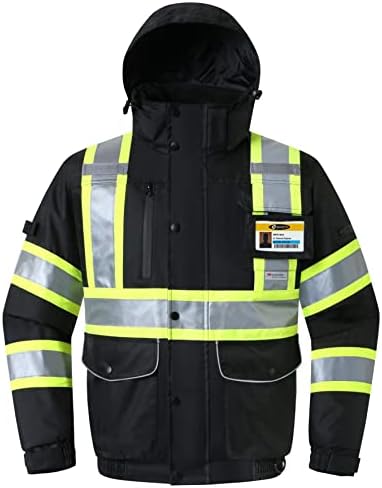 Зимно яке-бомбер JKSafety с 10 джобове Hi-Vis, водоустойчив, светоотражающая яке-бомбер 3 М | Черен цвят | Защитен джоб за iPad