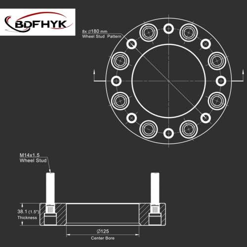 BDFHYK 8x180 мм Джанти проставки 1,5 инча (38 мм) 8x6,5 Джанти Адаптери M14x1,5 и диаметър на главината на 125 мм, Съвместими с камион