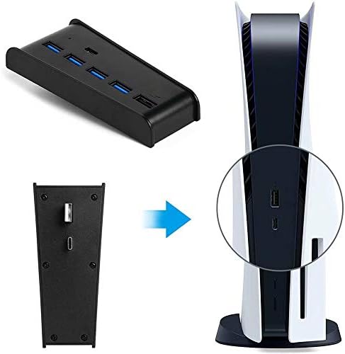 5-Портов USB хъб, за PS5, високоскоростен Hub разширяване на Megadream, Адаптер-сплитер Зарядно с 4 USB + 1 USB порт за зареждане