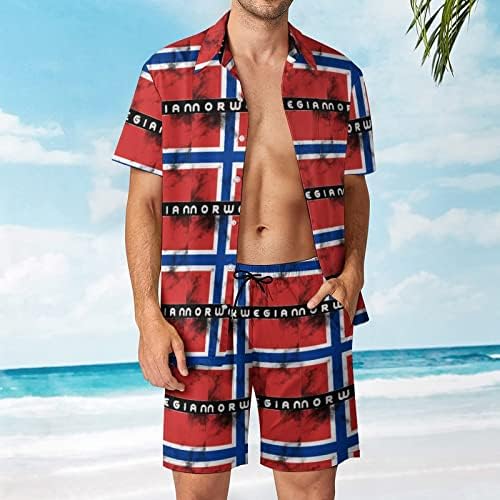 Мъжки плажно облекло с норвежки Флаг Nowway от 2 теми, Хавайска Риза с копчета с Къс ръкав и къси Панталони, Костюми