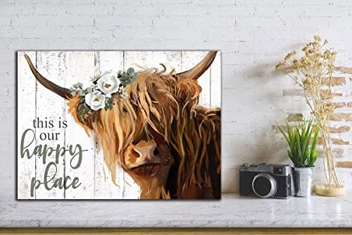 Стенно изкуство шотландски крави - Това е нашето Щастливо място, Вдъхновяващо, Плакат на Платното за дома - дълга коса шотландската Крава с Изображение на Бели Цвет?