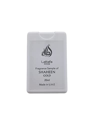Примерен размер на спрей за парфюмерийната вода Lattafa Shaheen Gold, 20 мл / 0,67 унция (Унисекс)