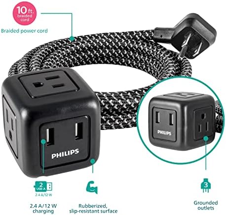 Аксесоари Philips Разклонител 3 гнезда Cube с 2 USB порта-A, Удължен захранващ кабел с дължина 10 Метра, Удължаване контакти, Сплетен