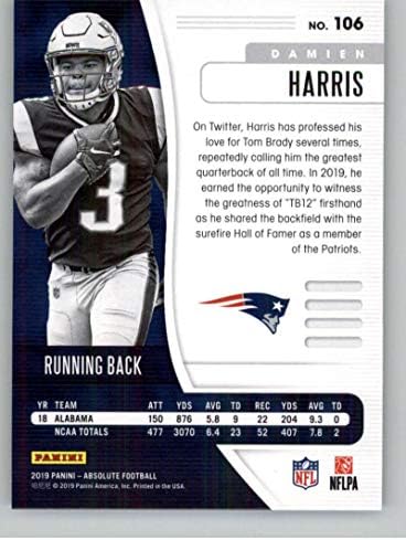 2019 Абсолютен футбол 106 Карта за начинаещи Дэмиена Харис RC New England Patriots Официалната Търговска картичка NFL От Панини America
