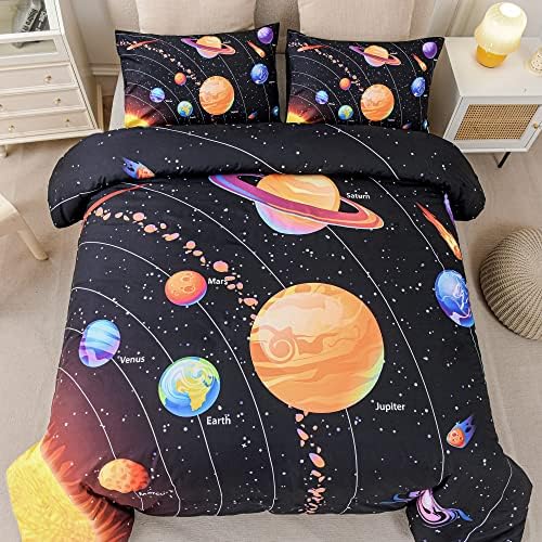 Комплект спално бельо Ylehoc със Слънчевата система, Комплект спално бельо Twin Outer Space, 3 предмета, 1 Одеало на тема Вселени, Планети