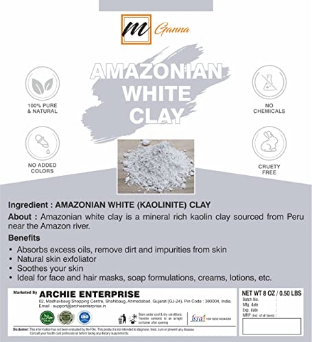 mGanna Натурален Амазонска Бяла (Каолин) Глинен прах за приготвяне на маски, кремове и сапуни 0,5 кг / 227 g